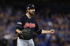 TORONTO, ON - OCTOBER 17: Andrew Miller #24 of the Cleveland Indians celebrates after defeating the Toronto Blue Jays with a score of 4 to 2 in game three of the American League Championship Series at Rogers Centre on October 17, 2016 in Toronto, Canada. (Photo by Elsa/Getty Images)