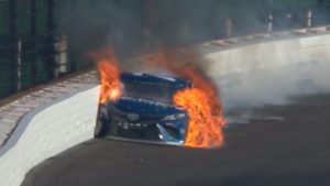 Martin Truex Jr. and his fiery car at the Brickyard 400. 